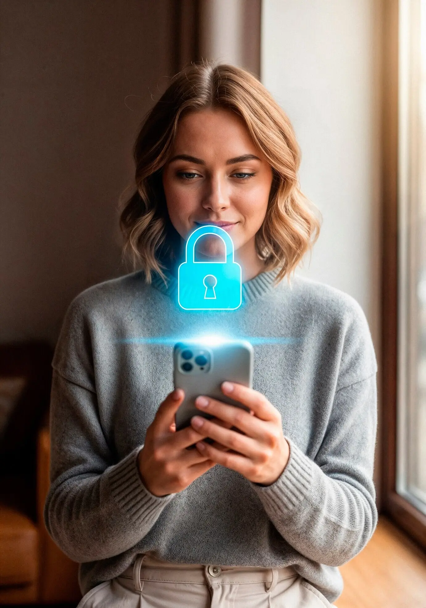 Женщина пользуется смартфоном со значком цифровой безопасности в виде замка.