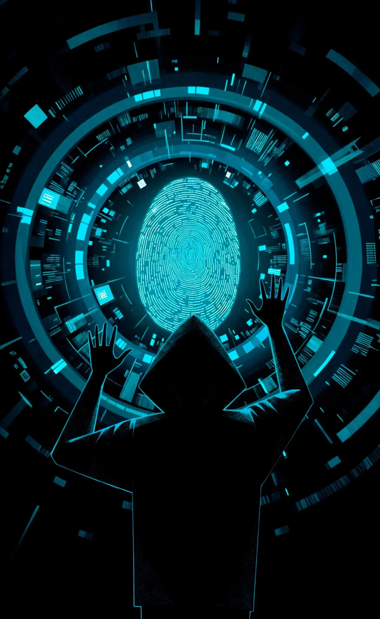 Концепция кибербезопасности: хакер получает доступ к биометрическим данным.